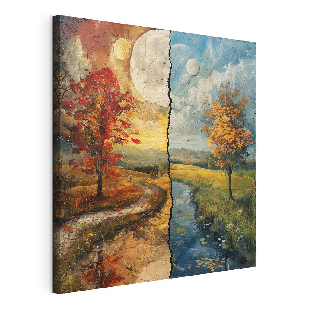 Twee landschappen onder maanlicht, gespannen canvas met doorlopende rand