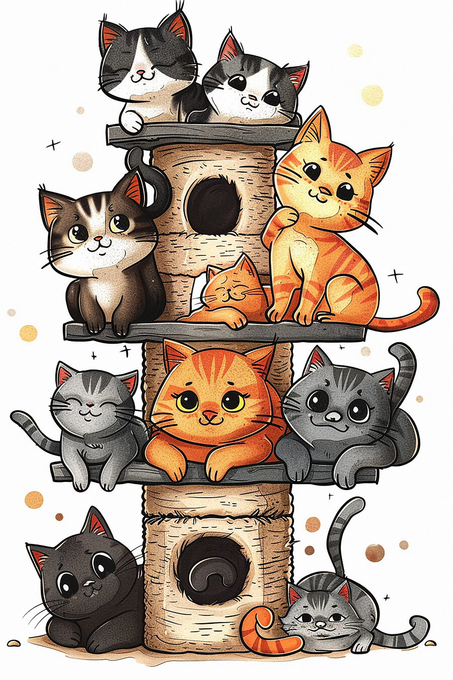 Groep katten op een toren — volledig ontwerp