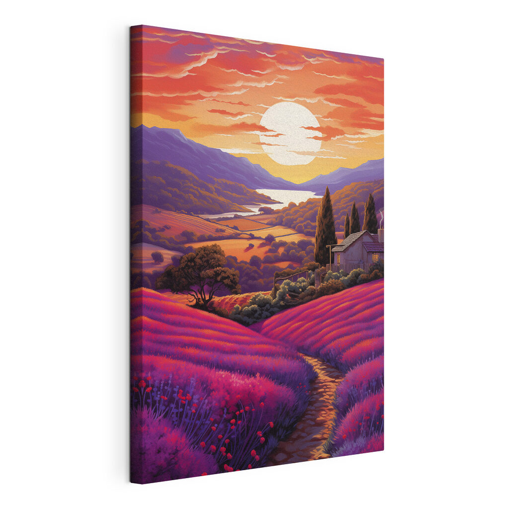Paarse heuvels onder avondzon, gespannen canvas met doorlopende rand
