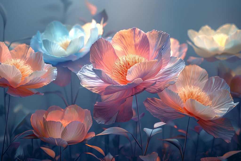 Bloemen in lichte avondglans — volledig ontwerp
