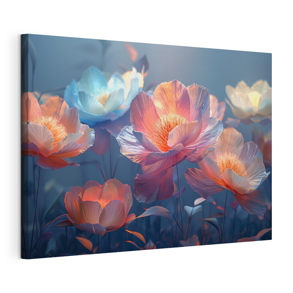 Bloemen in lichte avondglans, gespannen canvas met doorlopende rand