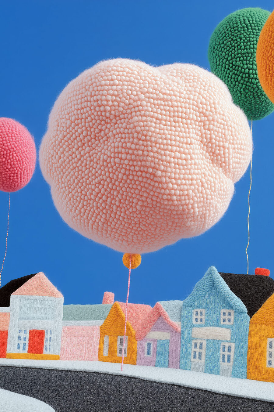 Roze ballon boven huisjes — volledig ontwerp