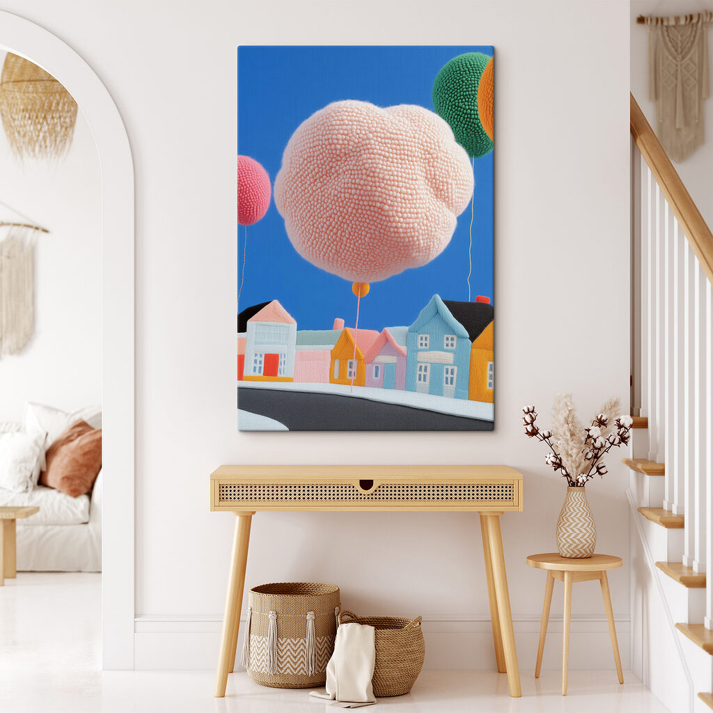 Roze ballon boven huisjes — interieur 2