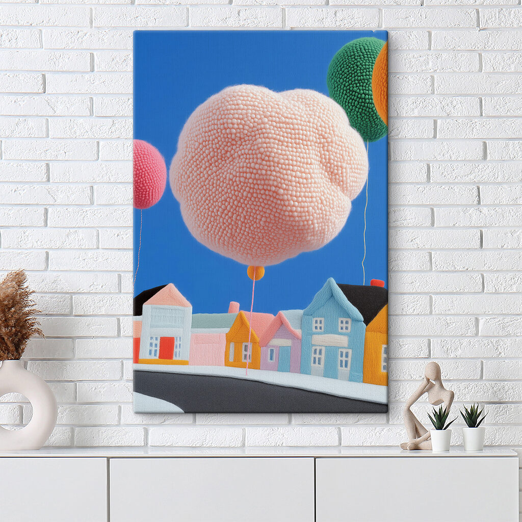 Roze ballon boven huisjes — interieur 1