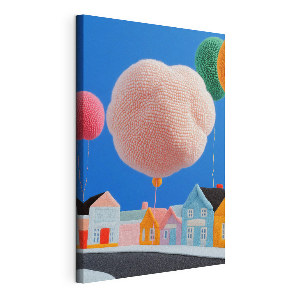 Roze ballon boven huisjes — productweergave