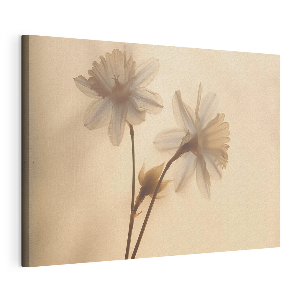 Twee bloemen in sepialicht, gespannen canvas met doorlopende rand