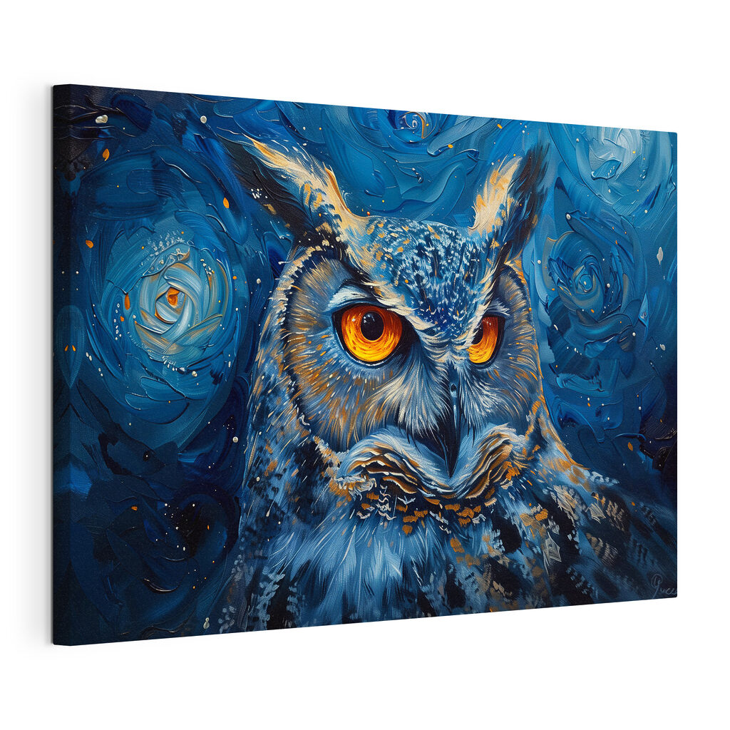 Uil in een sterrenwervel, gespannen canvas met doorlopende rand