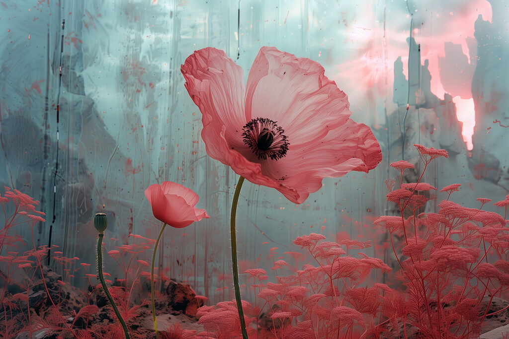 Roze klaproos, blauwe nevel — volledig ontwerp