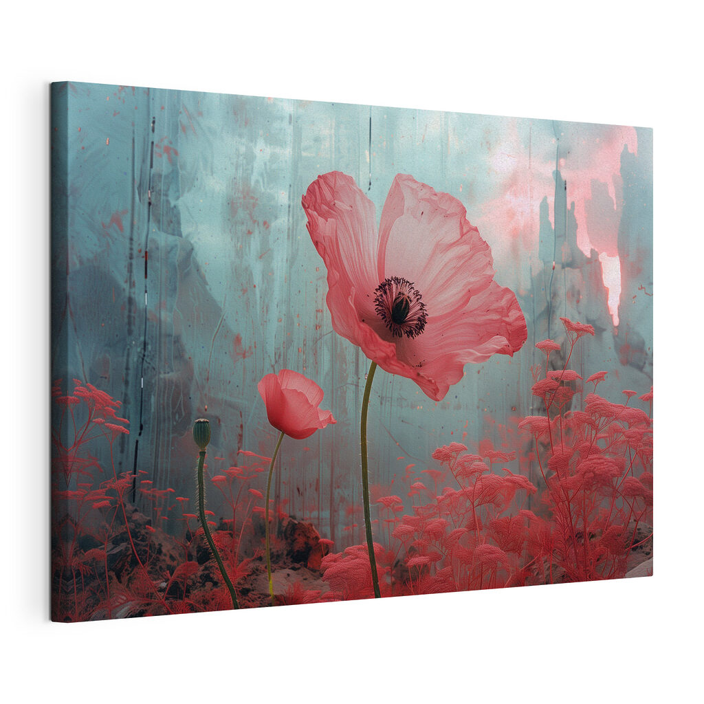 Roze klaproos, blauwe nevel, gespannen canvas met doorlopende rand