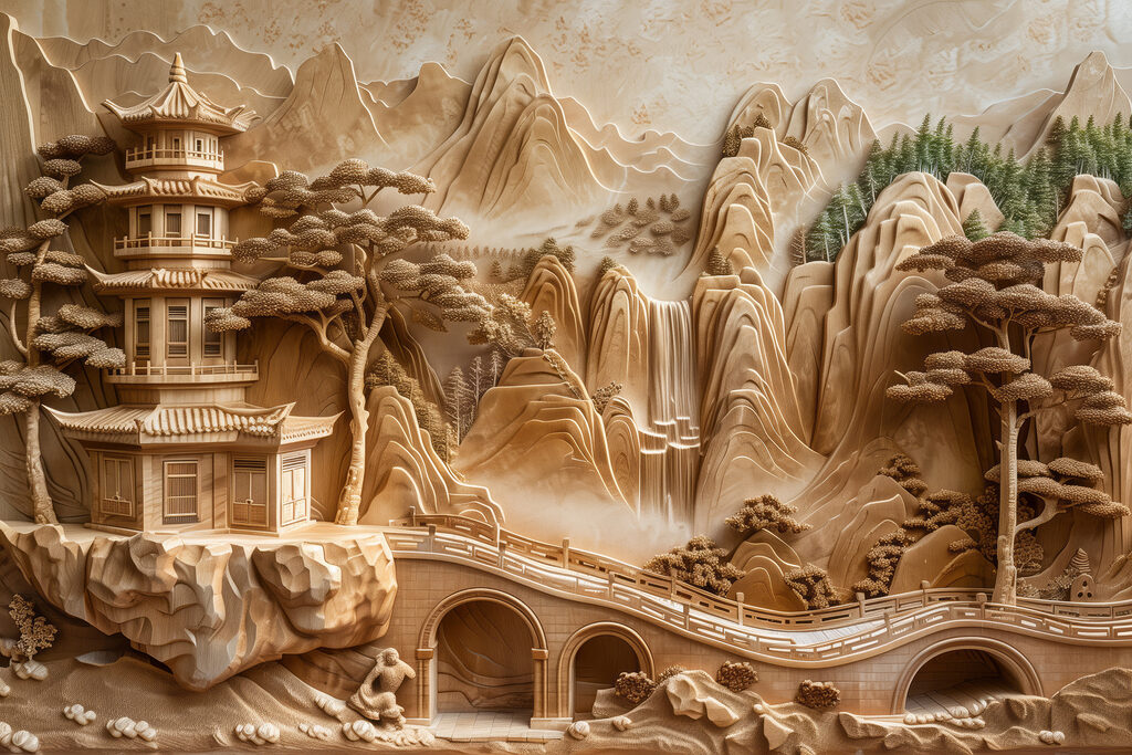 Pagode tussen zandkleurige bergen — volledig ontwerp