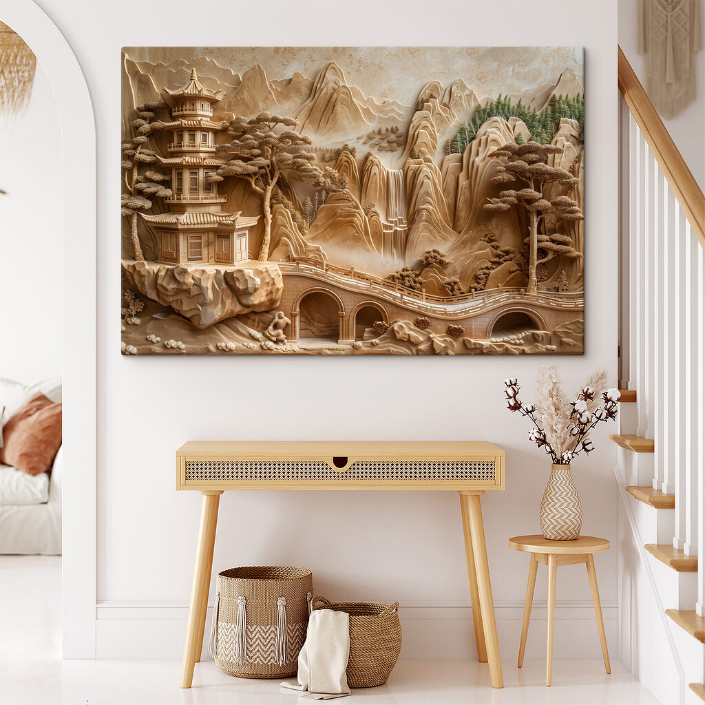 Pagode tussen zandkleurige bergen — interieur 1