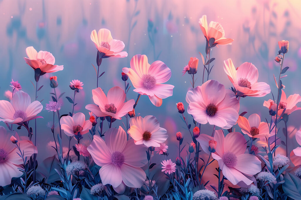Roze bloemen onder lila — volledig ontwerp