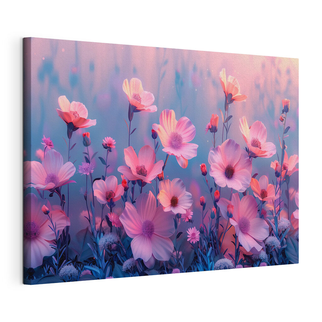 Roze bloemen onder lila, gespannen canvas met doorlopende rand