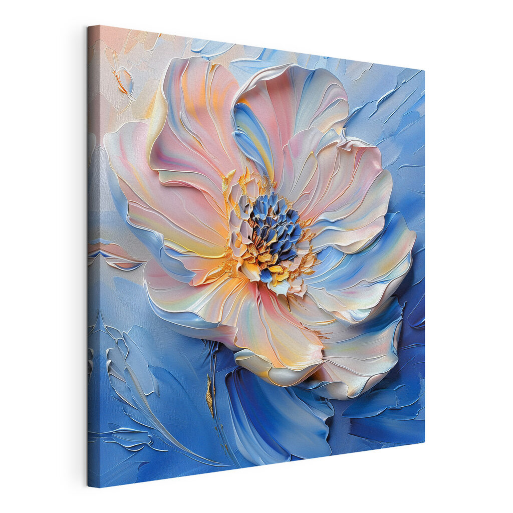 Pastelbloem op hemelsblauwe verf, gespannen canvas met doorlopende rand