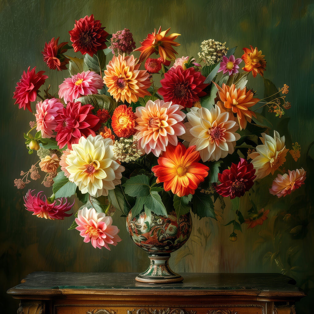 Dahlia’s in groene siervaas — volledig ontwerp