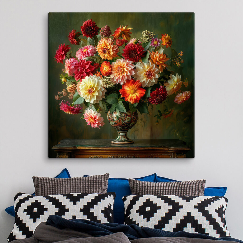 Dahlia’s in groene siervaas — interieur 2