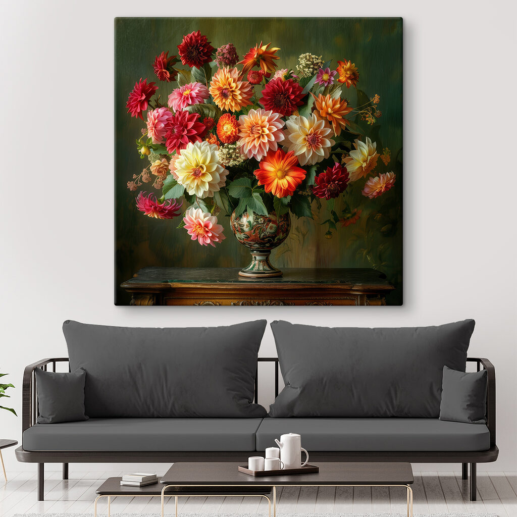 Dahlia’s in groene siervaas — interieur 3