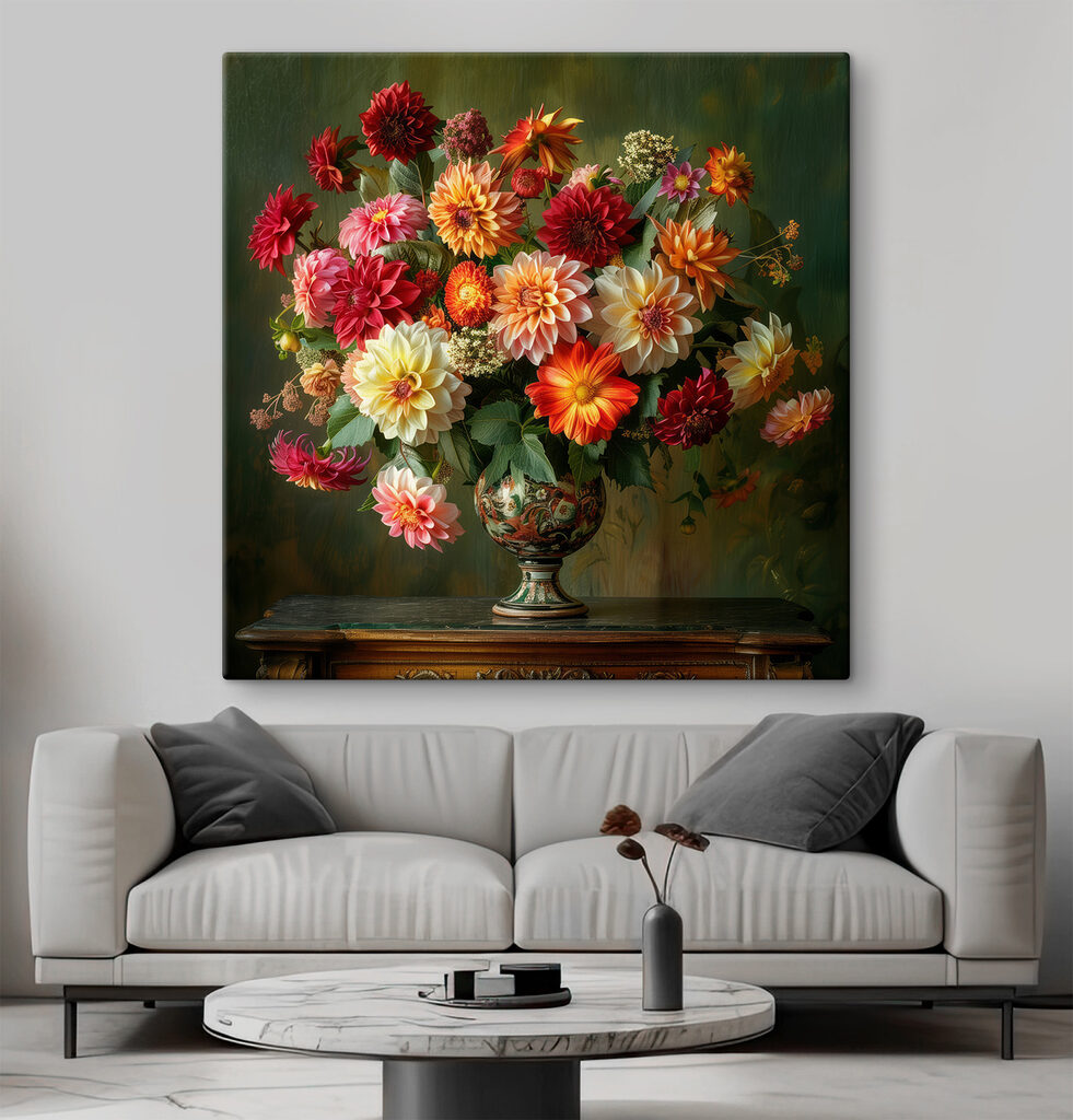 Dahlia’s in groene siervaas — interieur 1