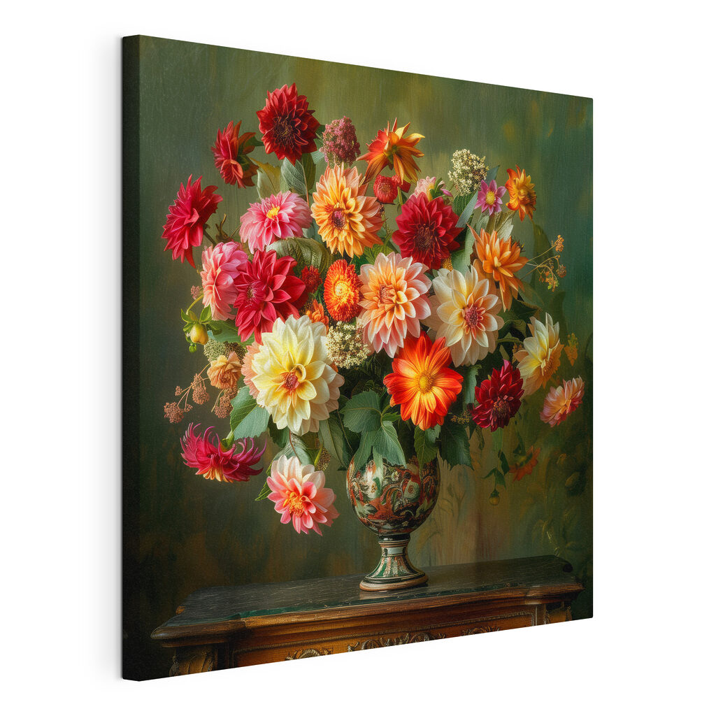 Dahlia’s in groene siervaas, gespannen canvas met doorlopende rand