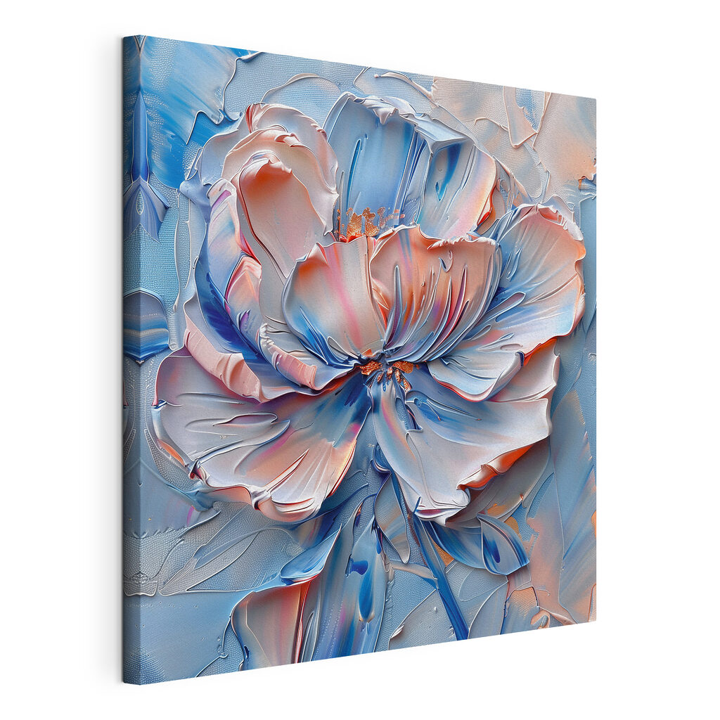 Blauwe pioenroos met rozetinten, gespannen canvas met doorlopende rand