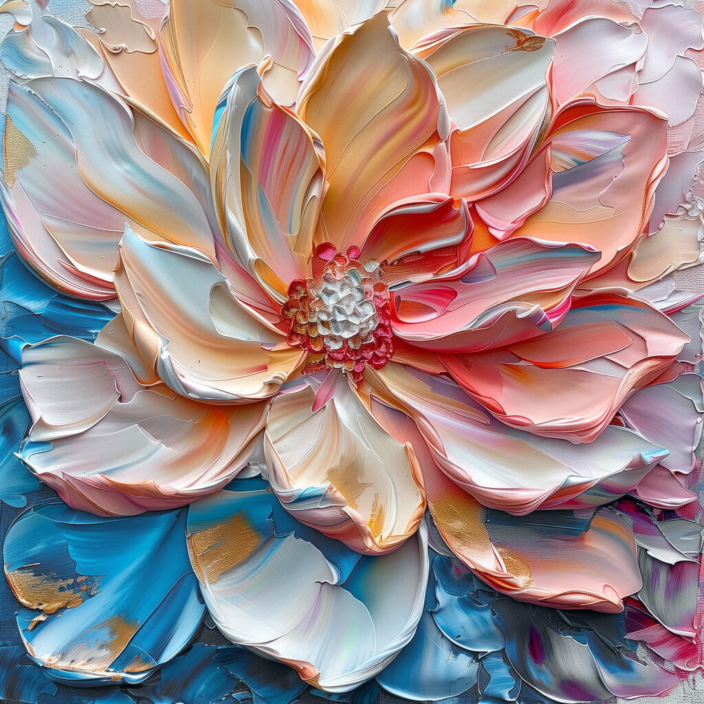 Koraalkleurige bloem, blauwe plooien — volledig ontwerp