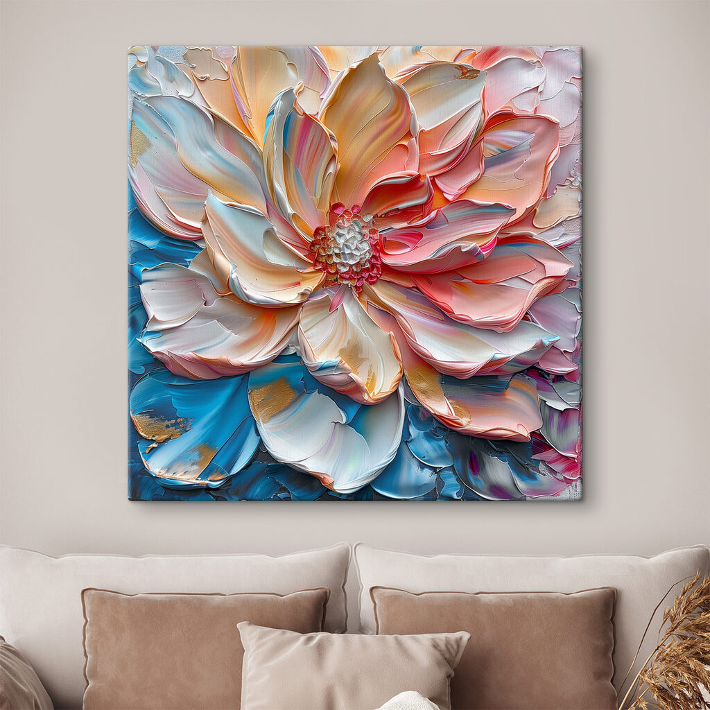 Koraalkleurige bloem, blauwe plooien — interieur 1