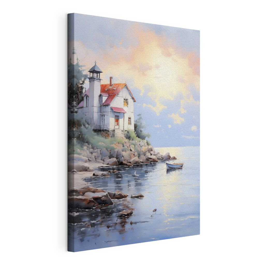 Kusthuis in het avondlicht, gespannen canvas met doorlopende rand