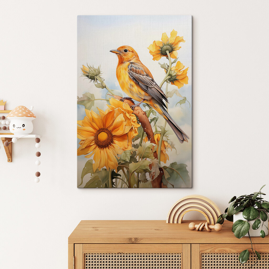 Vogel tussen gele bloemen in een interieur