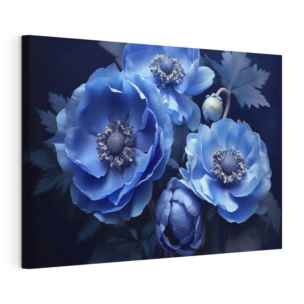 Drie bloemen in diepblauw, gespannen canvas met doorlopende rand