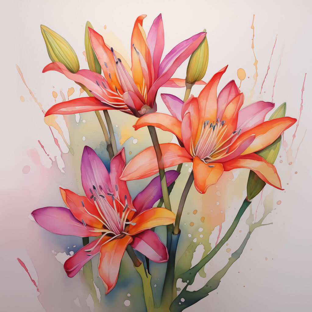 Roze lelies in aquarelspatten — volledig ontwerp