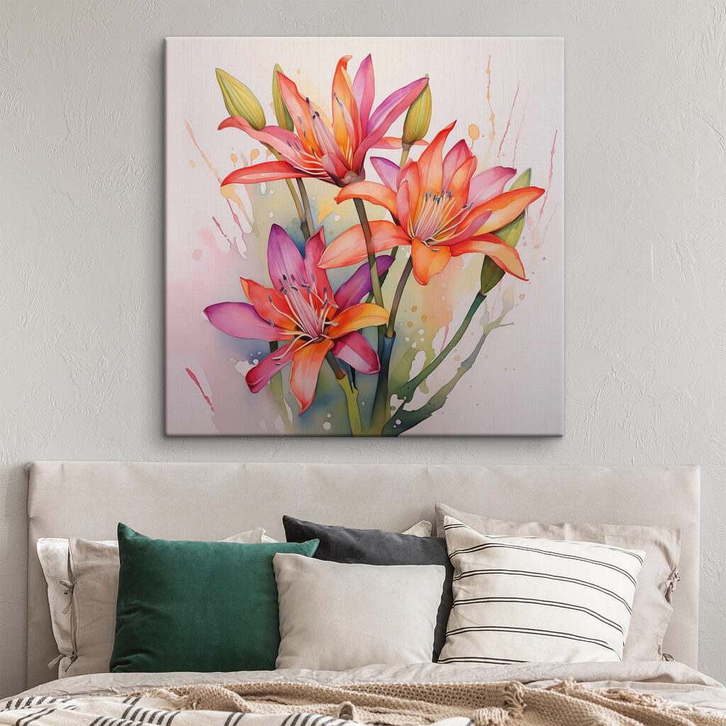 Roze lelies in aquarelspatten — interieur 1
