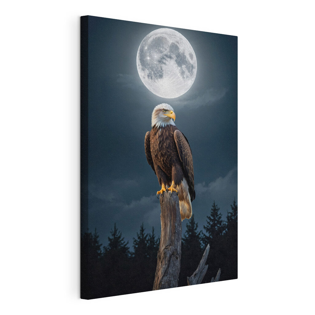 Zeearend onder volle maan, gespannen canvas met doorlopende rand