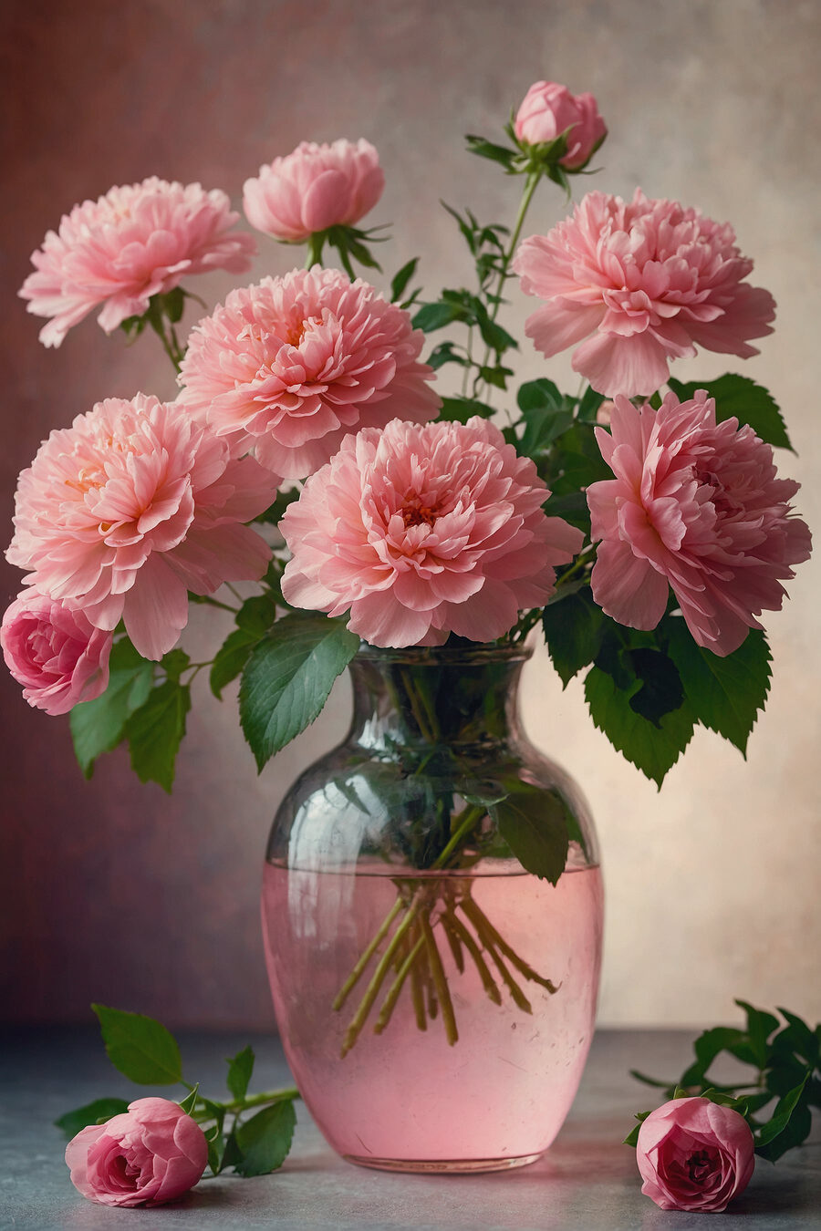 Roze boeket in glas — volledig ontwerp