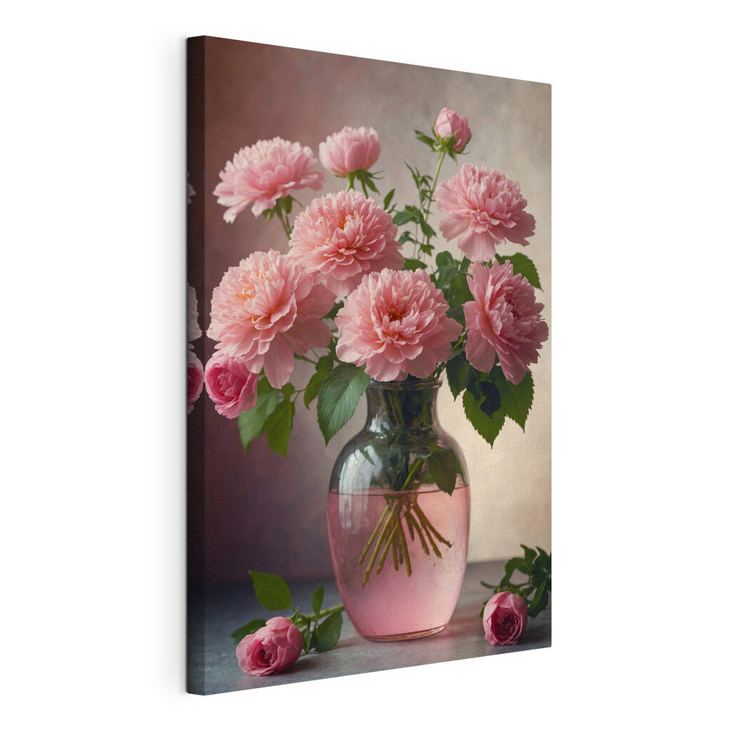 Roze boeket in glas, gespannen canvas met doorlopende rand