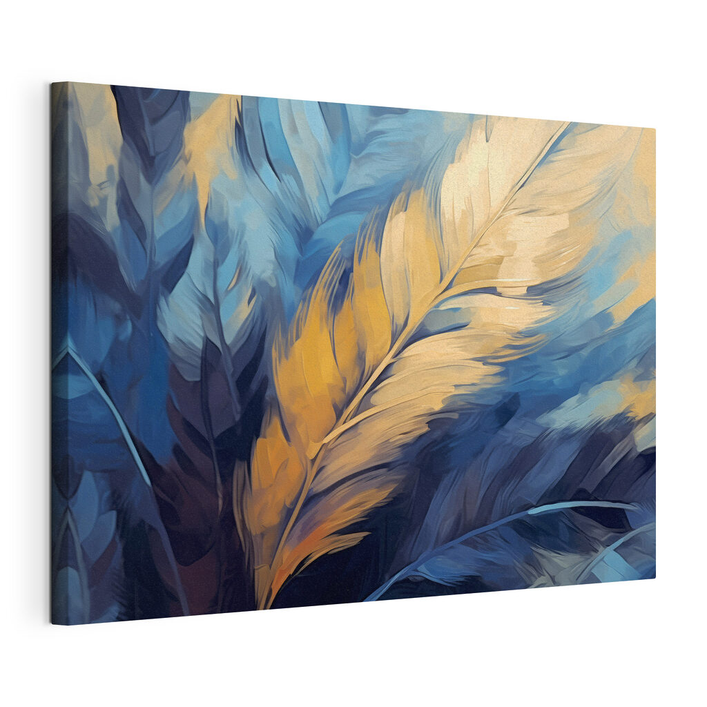 Gouden veer op diepblauw, gespannen canvas met doorlopende rand