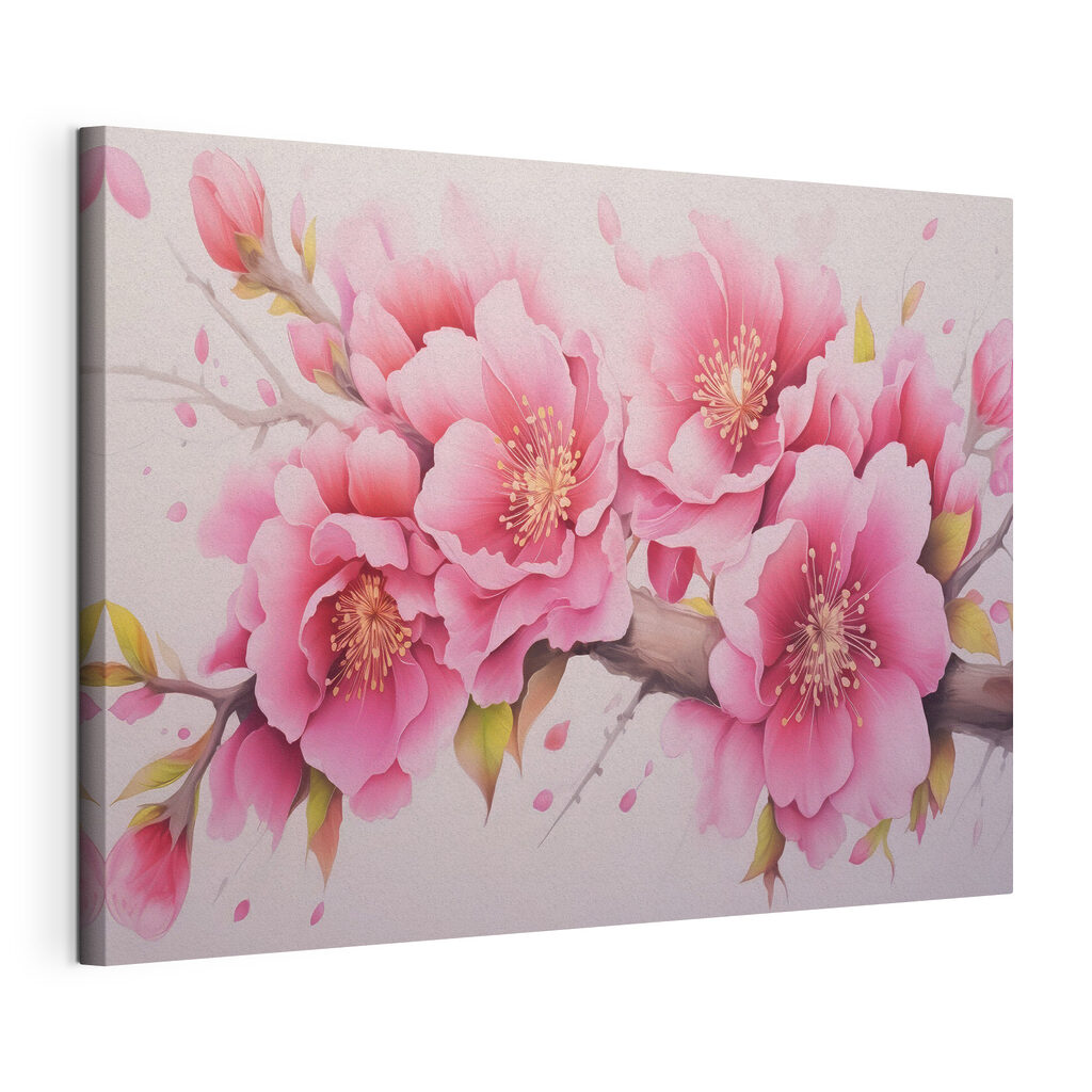 Roze bloesem langs takken, gespannen canvas met doorlopende rand