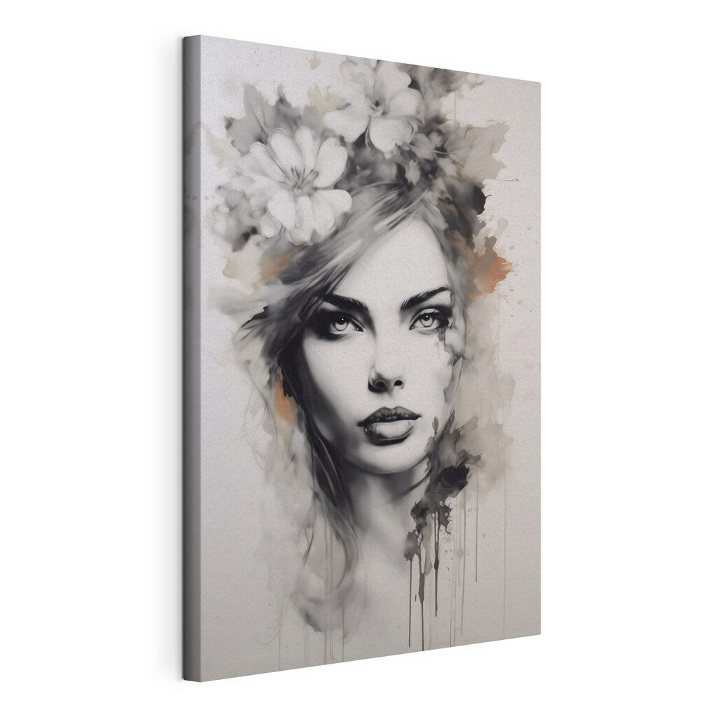 Bloemen boven getekende ogen, gespannen canvas met doorlopende rand