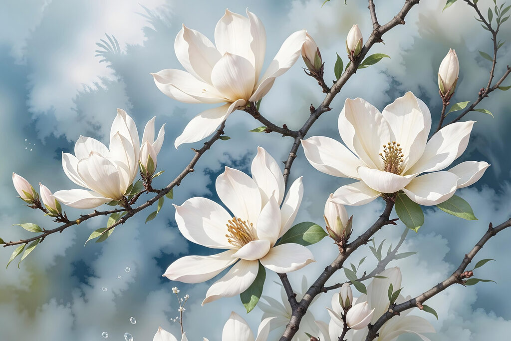 Witte magnolia op grijsblauw — volledig ontwerp