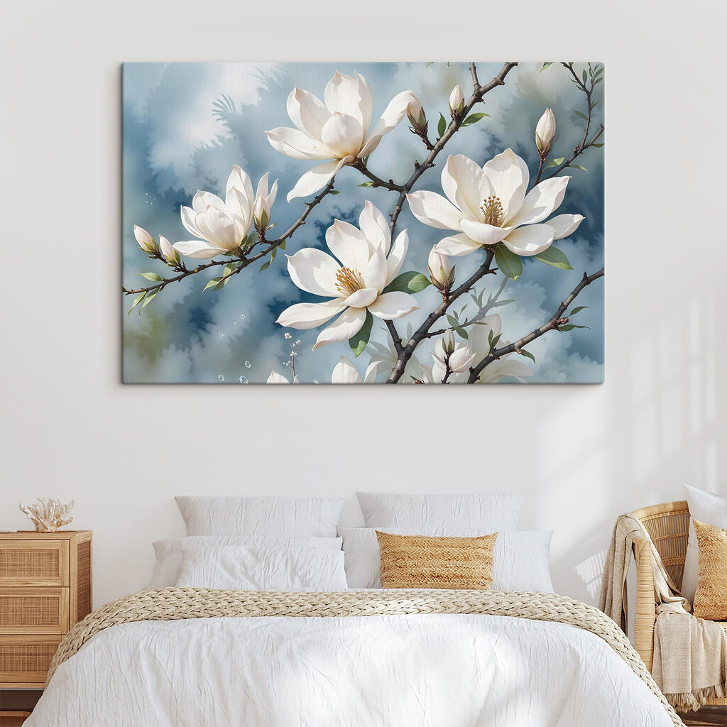 Witte magnolia op grijsblauw — interieur 1