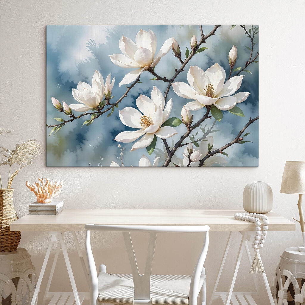 Witte magnolia op grijsblauw — interieur 2
