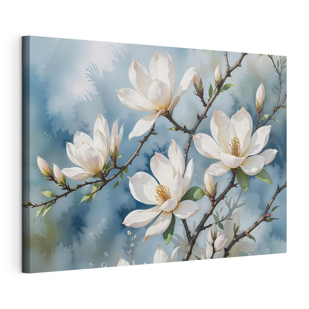 Witte magnolia op grijsblauw, gespannen canvas met doorlopende rand