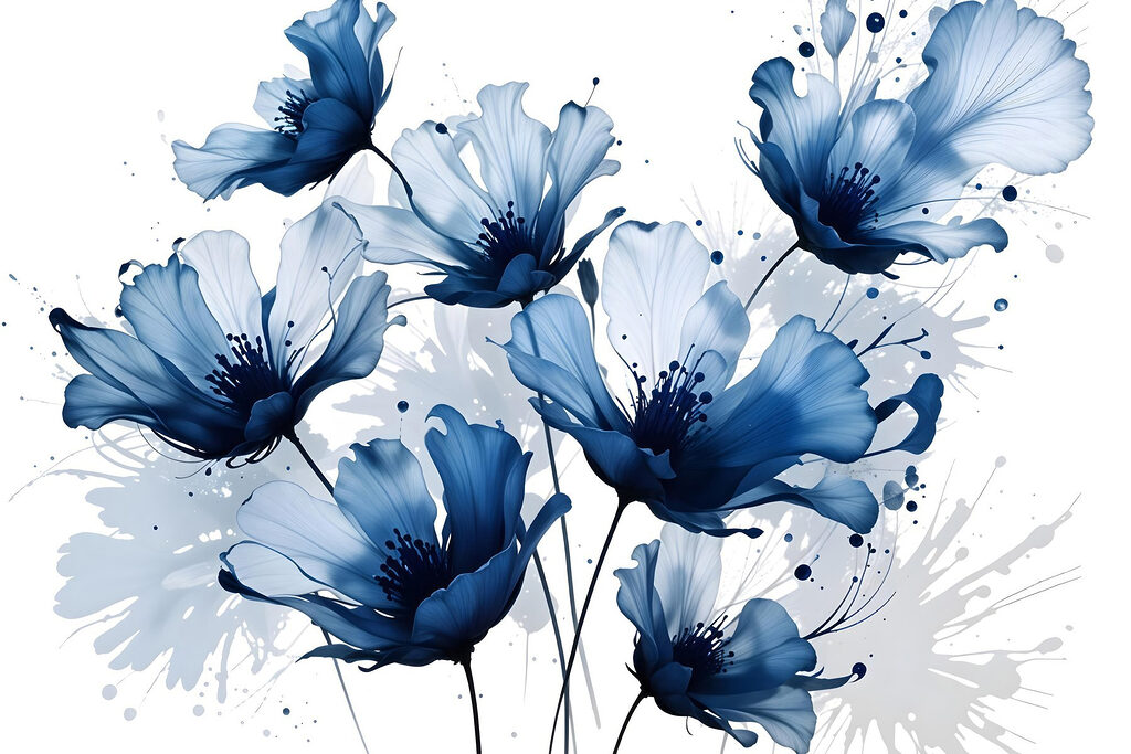 Blauwe bloemen in inktspatten — volledig ontwerp