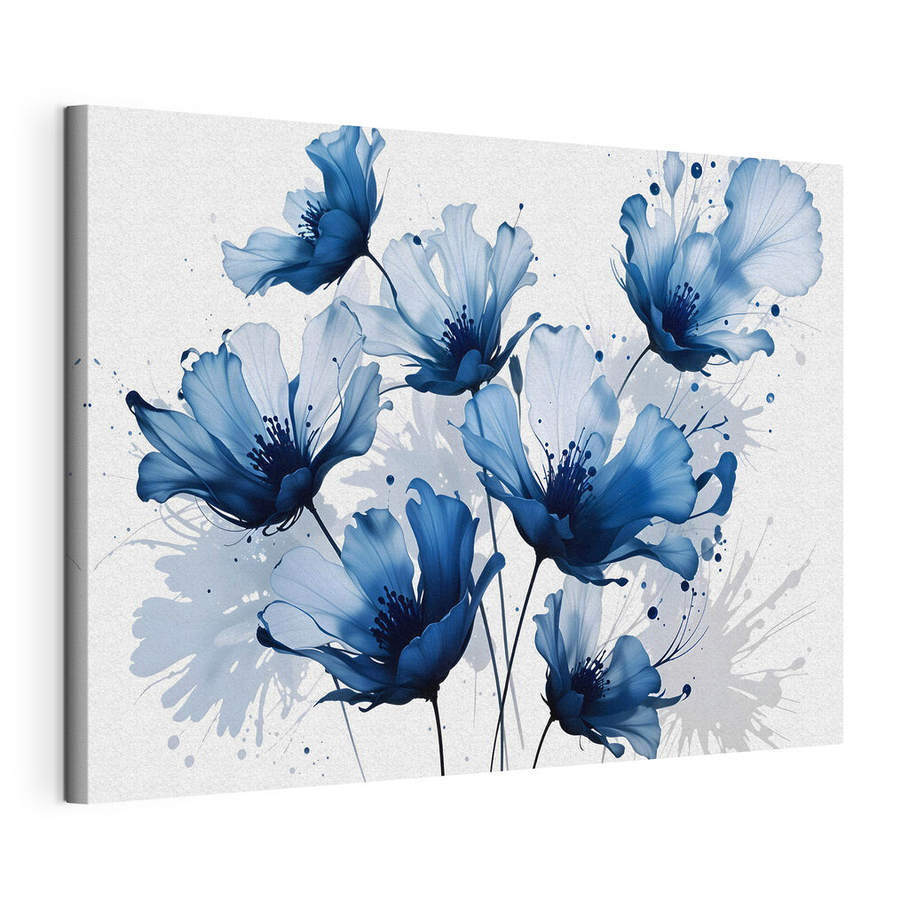 Blauwe bloemen in inktspatten, gespannen canvas met doorlopende rand