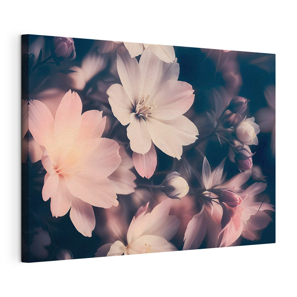 Roze bloemen in nachtschaduw, gespannen canvas met doorlopende rand