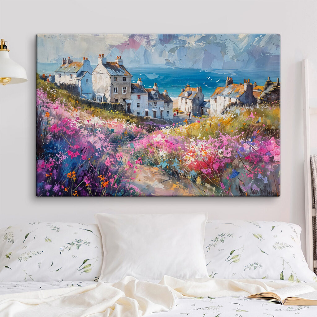 Schilderij van een dorp met bloemen in een interieur