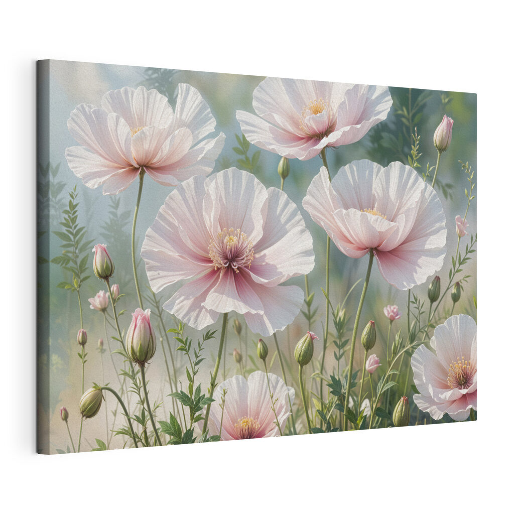 Roze kelken in grijsgroen, gespannen canvas met doorlopende rand