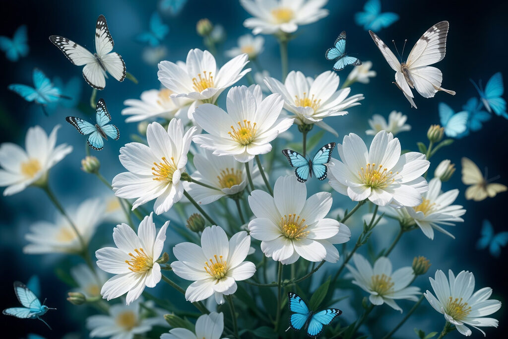 Vlinders boven witte bloemen — volledig ontwerp