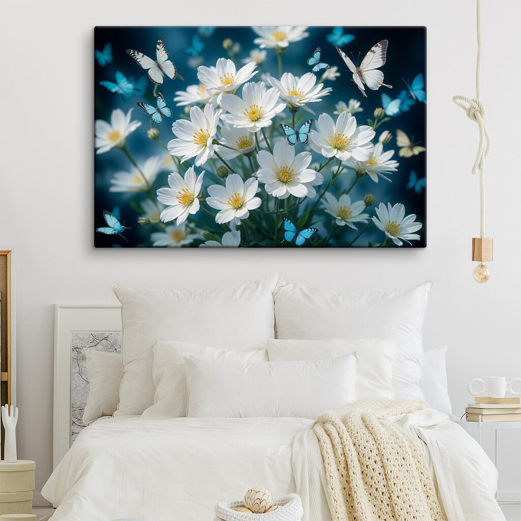 Vlinders boven witte bloemen — interieur 1