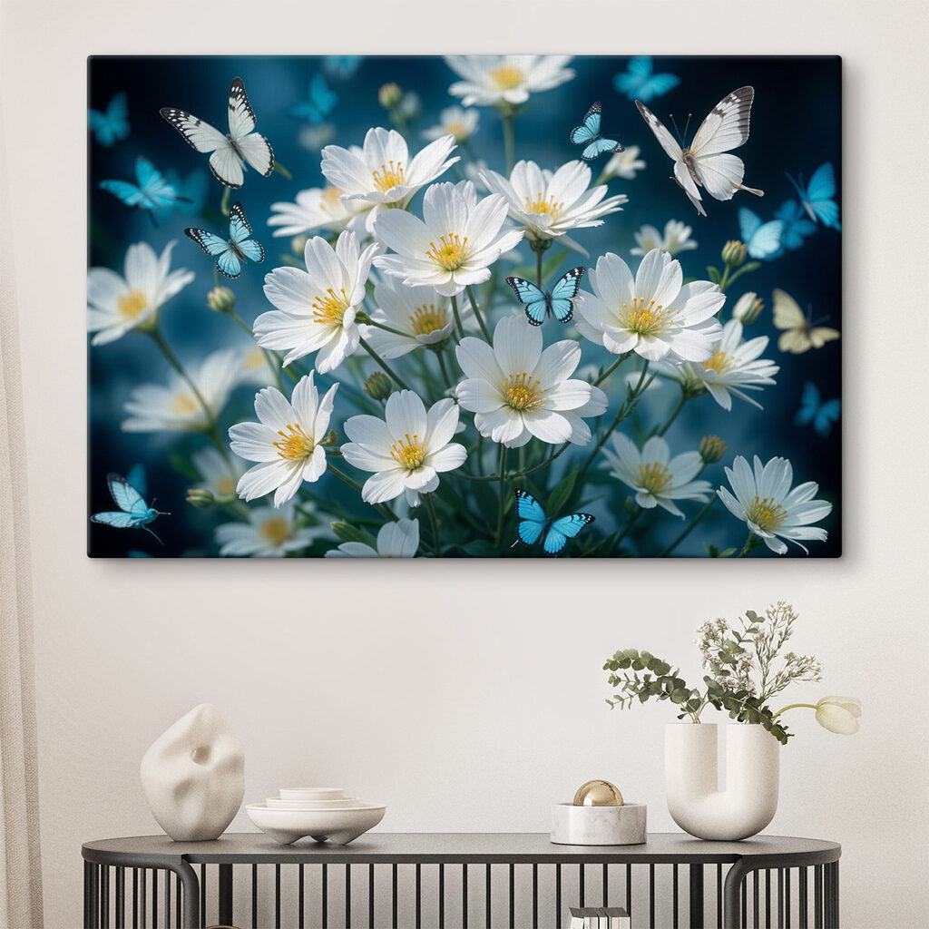 Vlinders boven witte bloemen — interieur 2
