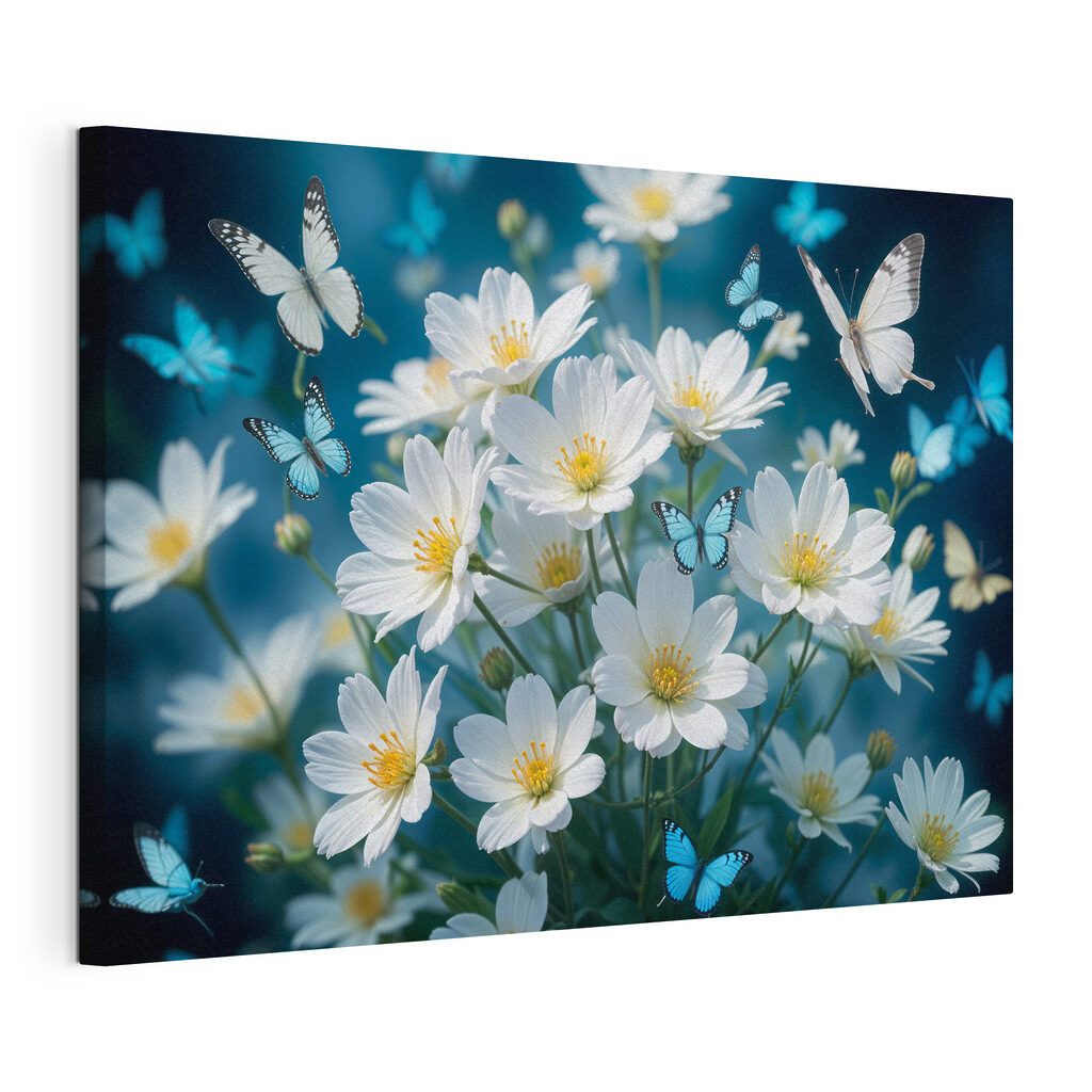 Vlinders boven witte bloemen, gespannen canvas met doorlopende rand